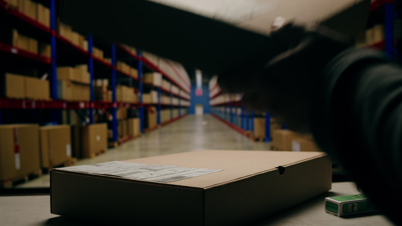 Scanner scan delivery box in storage, E-commerce shop, man packing goods and clothes second hand delivery market, courier Packaging and Shipping Workspace with Supplies and Technology, online sales.