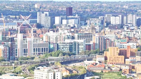 Telephoto-drone-shot-Leeds-City-Centre-in-England