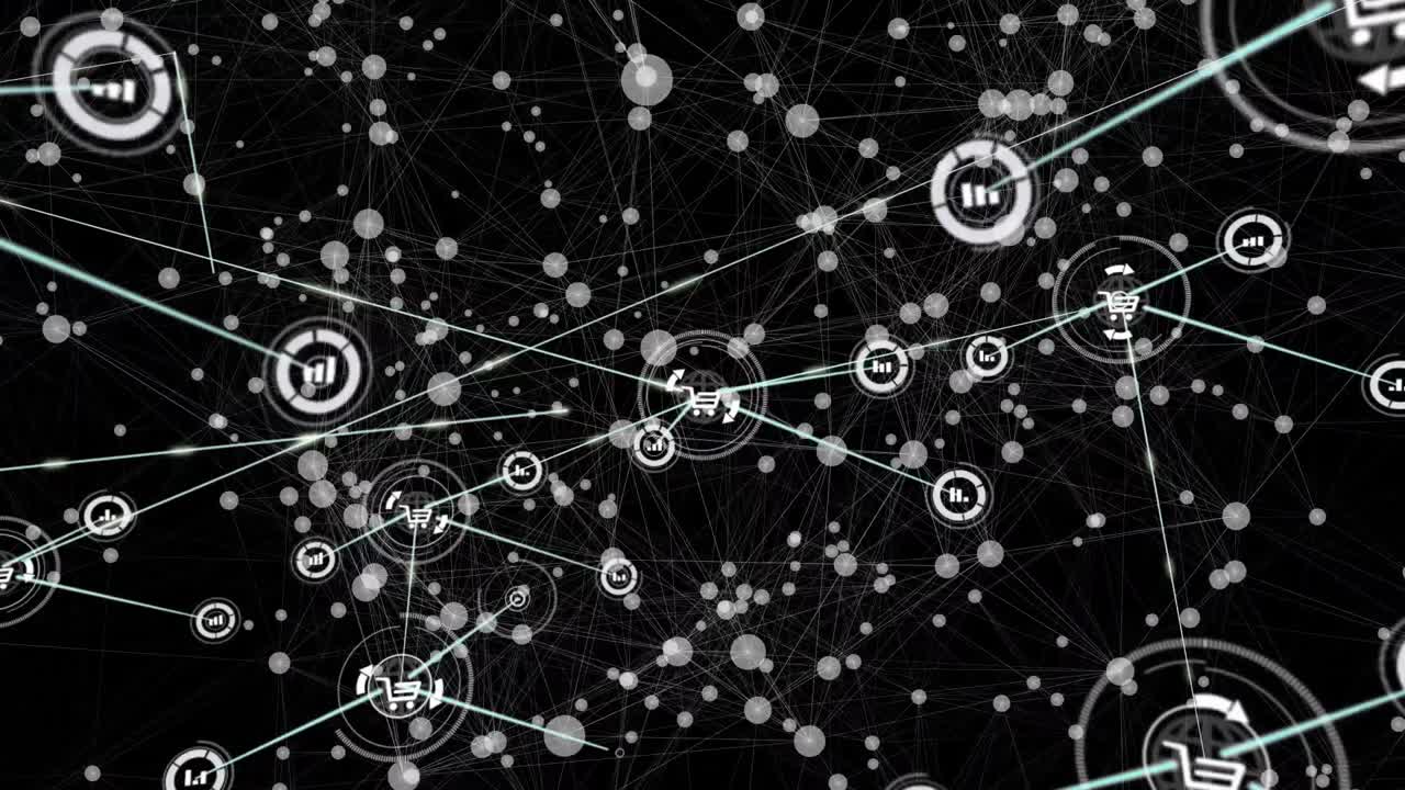 animación de la red de conexiones e iconos digitales contra un fondo negro