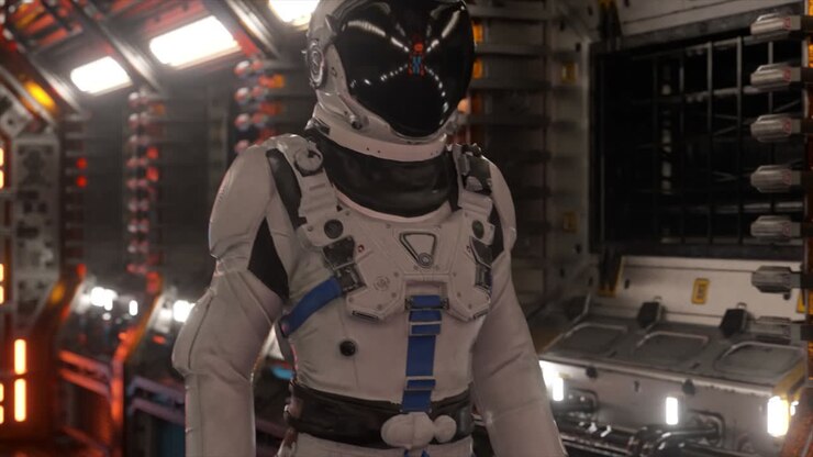 Astronaut walking in spaceship tunnel, sci-fi shuttle corridor. Futuristic abstract technology. Technology and future concept. Flashing light. 3D animation