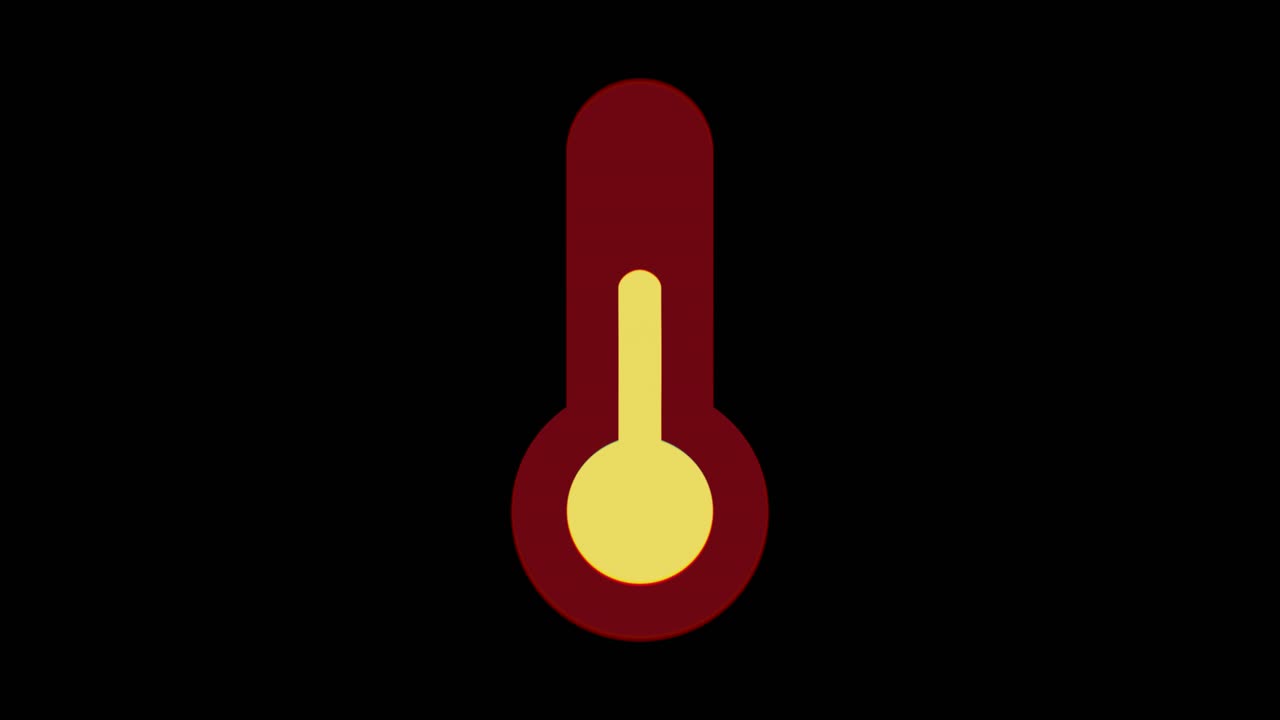 Intentional distortion glitch fx: thermometer icon on black background. Red and yellow color scheme creates striking visual impact for tech, data corruption, or error concepts.