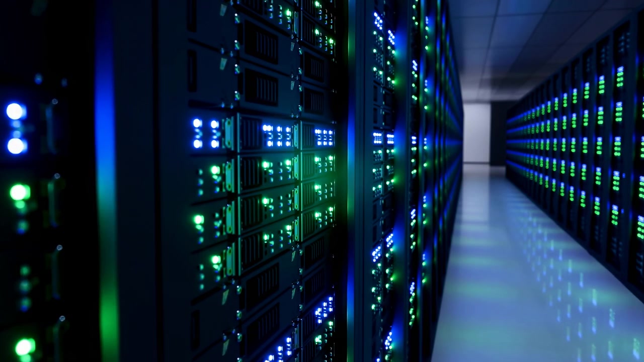 Dim Server Corridor With Blinking Leds, Endless Racks And Illuminated Switches Casting Cool Reflections,
