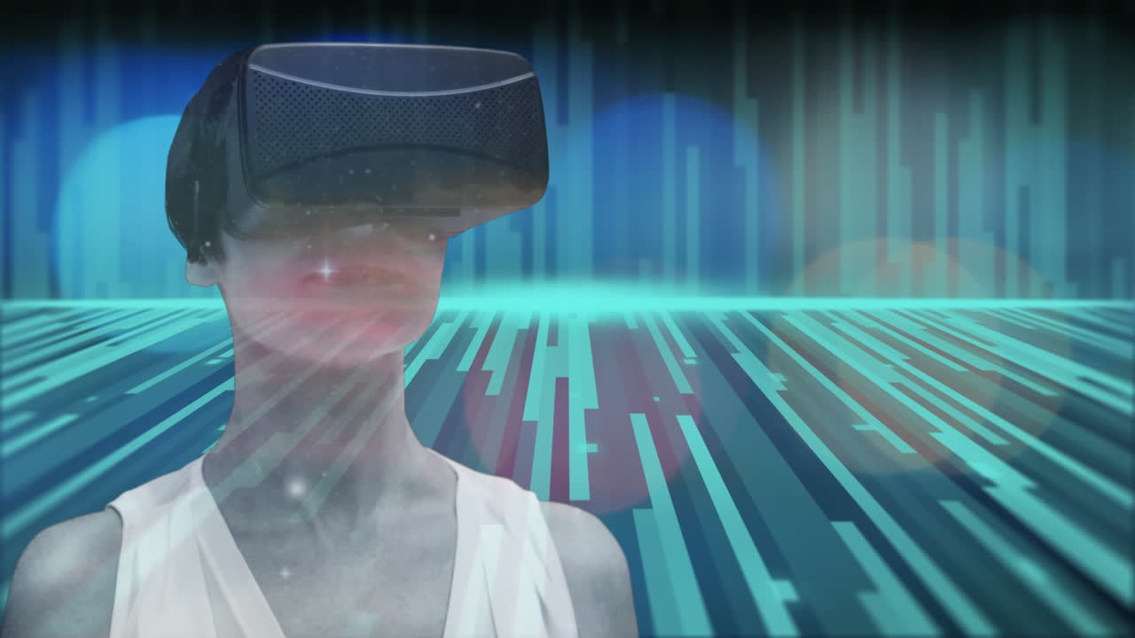 mujer usando auriculares vr sobre rastros de luz contra puntos de luz