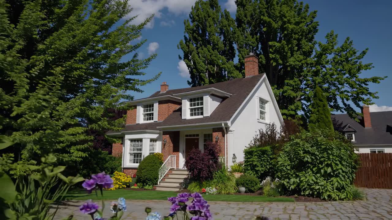 A picturesque suburban house viewed from a low-angle, with vibrant flowers in the foreground