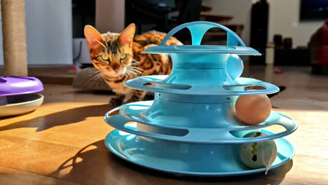 a bengal cat plays with a tiered ball toy in riga, latvia - close up