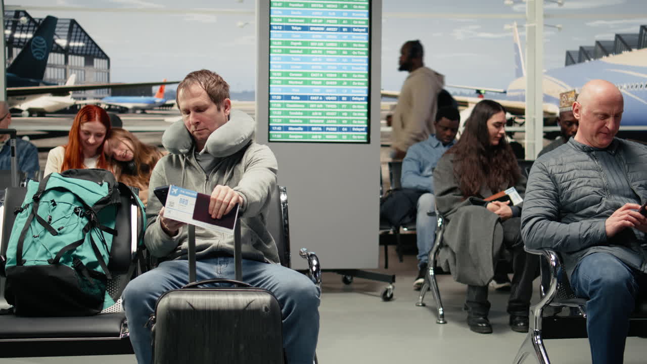 Uomo in aeroporto che tiene la carta d'imbarco e controlla l'itinerario del volo sullo smartphone