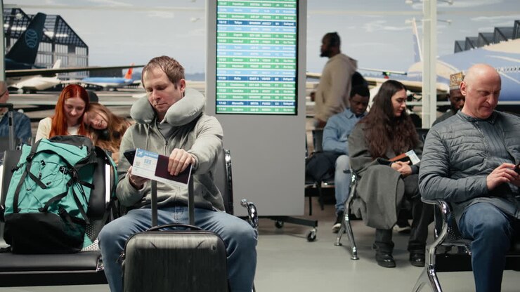 Uomo in aeroporto che tiene la carta d'imbarco e controlla l'itinerario del volo sullo smartphone