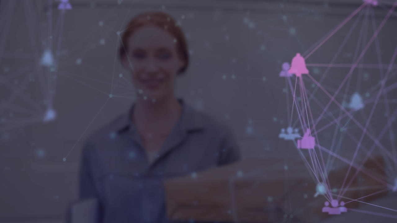 анимация сети соединений через кавказскую женщину-доставщицу