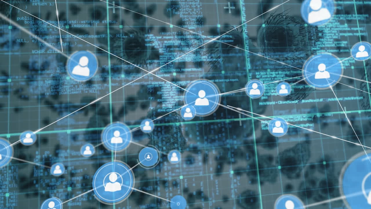 바이러스 세포와 데이터 처리를 통한 연결 네트워크의 애니메이션