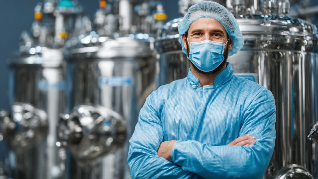 A Skilled Professional in Personal Protective Equipment Standing Confidently in a Biotechnology Facility Surrounded by Stainless Steel Storage Tanks