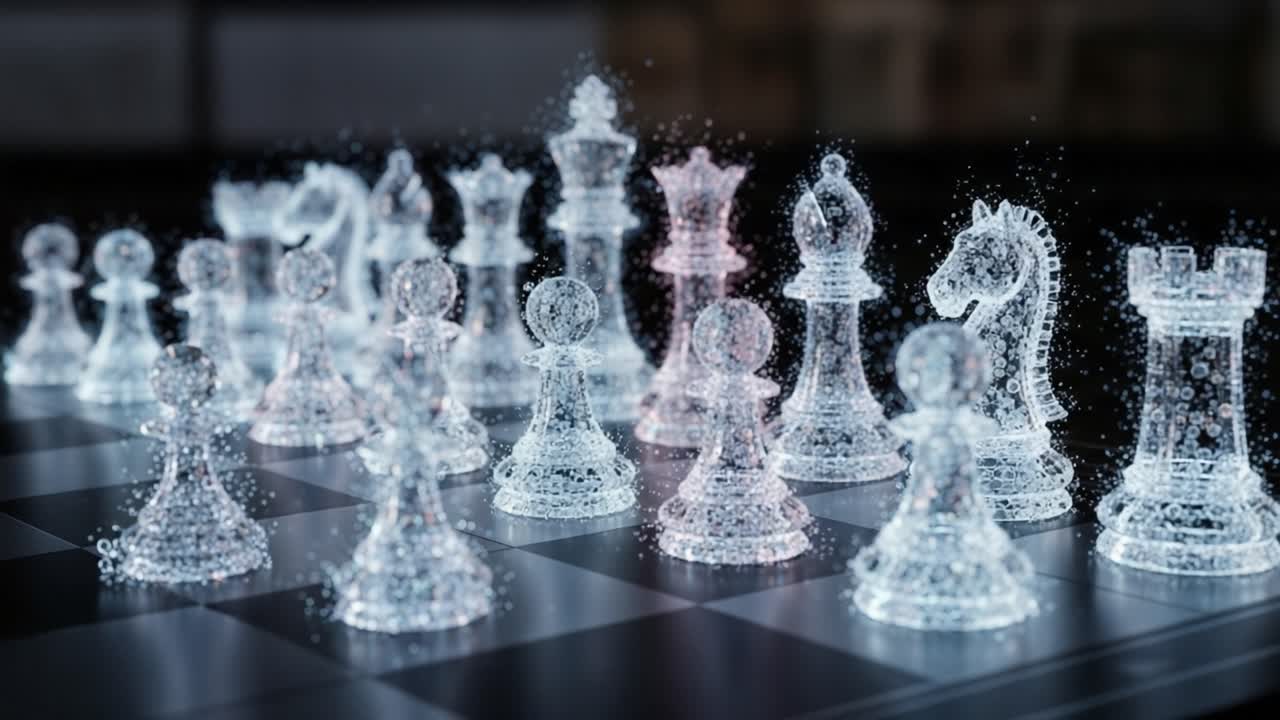 A mesmerizing display of transparent chess pieces glistening with ethereal light, showcasing intricate designs and dynamic formations on a classic chessboard