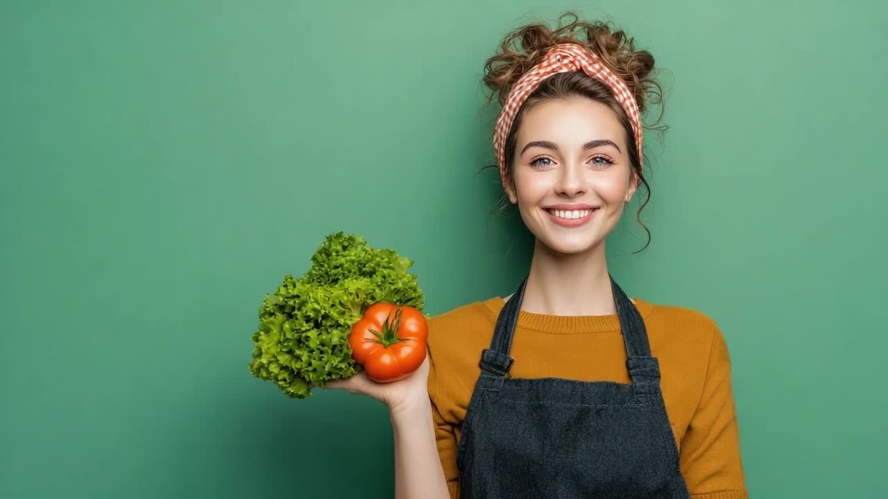 Smiling woman with fresh vegetables against a green backdrop