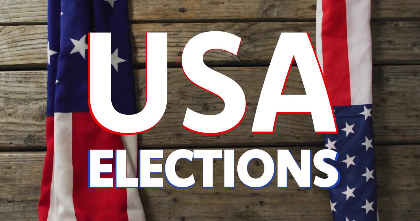 Po krótkiej pauzie USA i ELECTION animujące się nad drewnianą deską, litery poruszające się, aby ogłosić głosowanie