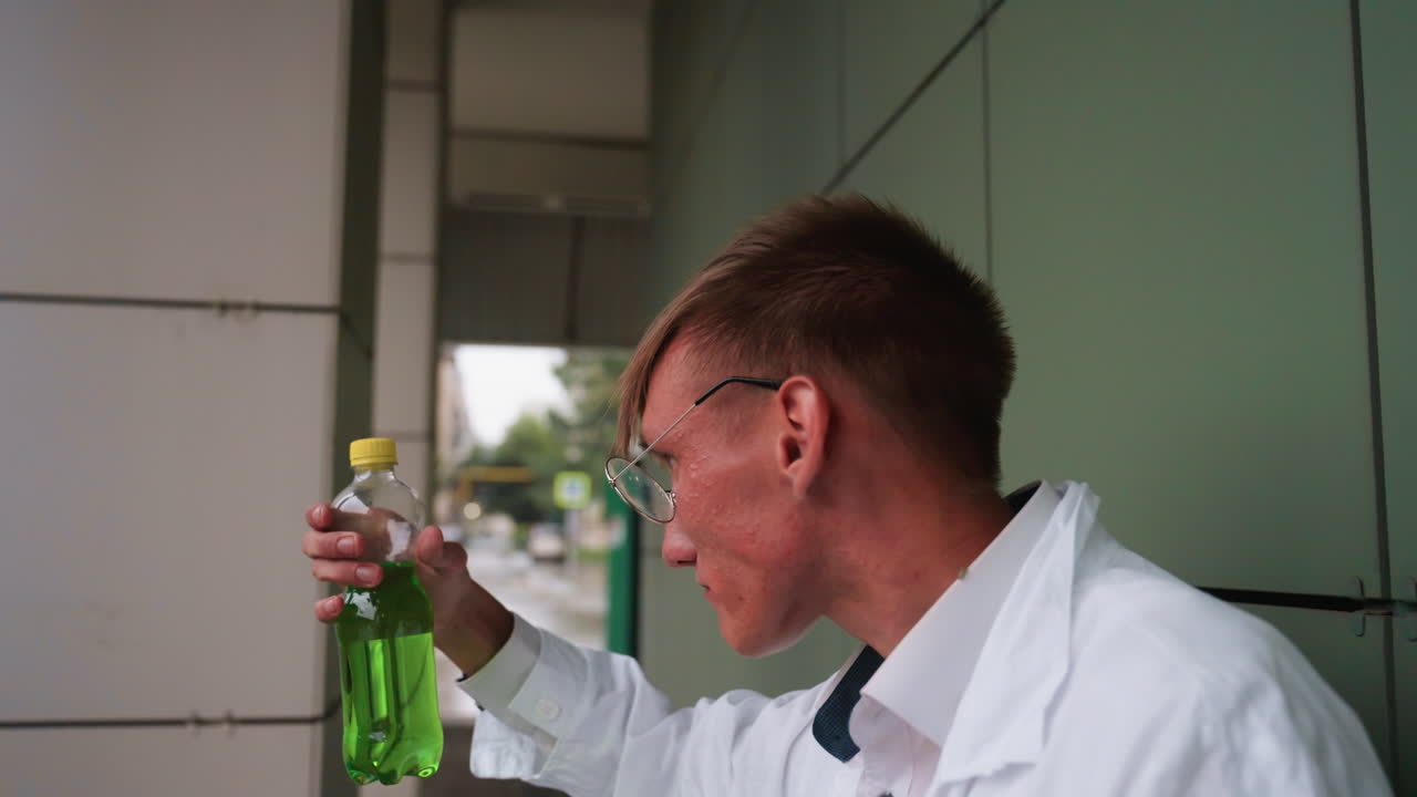 Young man in white coat standing on porch takes break eating pastry and sipping unusual green drink from bottle, enjoying quick snack while leaning against wall in calm urban outdoor setting