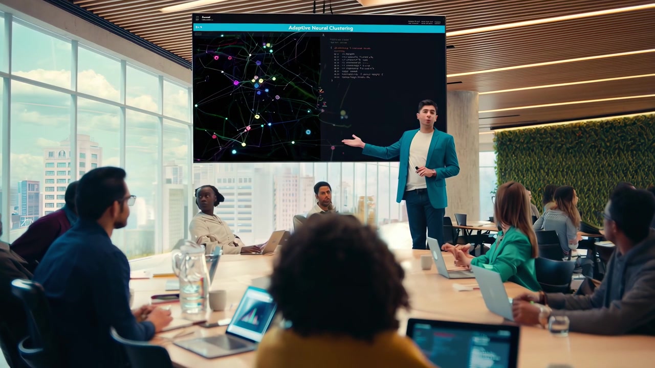 Professional Presenter Explaining Data Visualization to Team in Modern Office