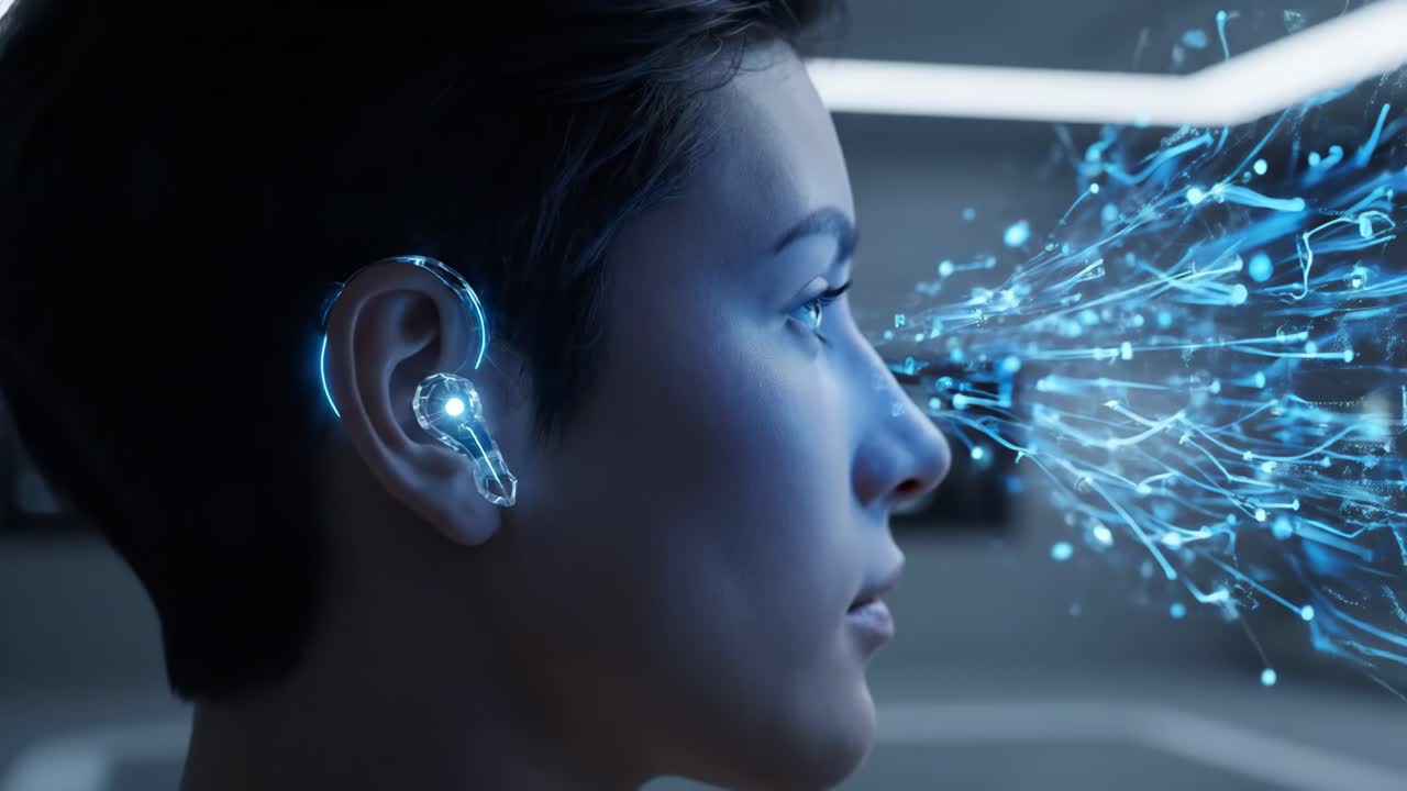 Woman with futuristic ear implant using digital technology
