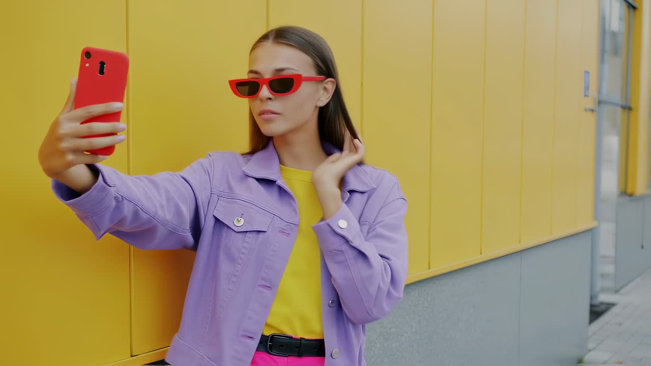 Fashionable influencer posing for selfies against a vibrant yellow wall, showcasing her trendy style and capturing the perfect shot for her social media followers