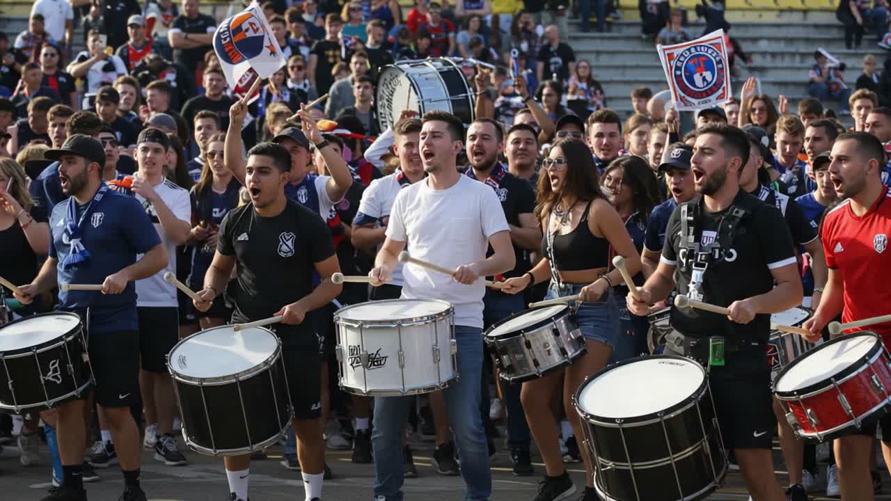 Passionate Fans Unite in Celebration, Playing Drums and Chanting Together for Their Team's Victory during an Exciting Event