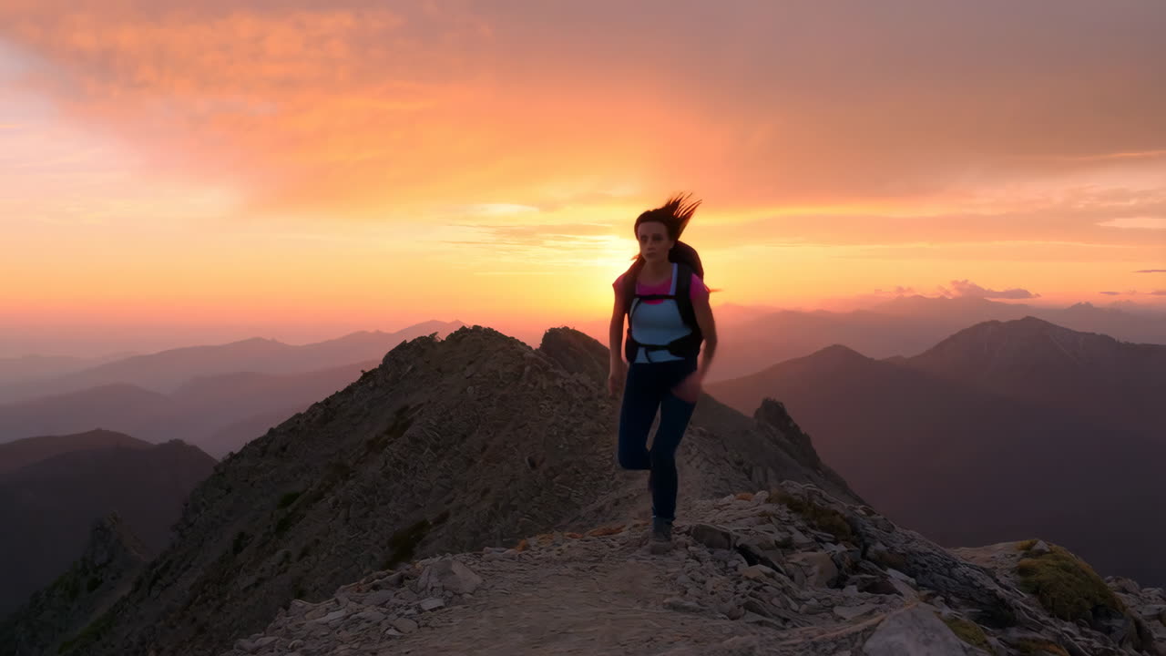 Woman Hiking on a Mountain Ridge at Sunset
