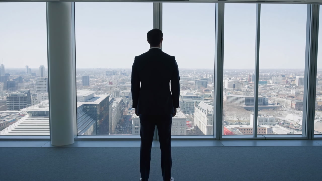 Silhouette Executive By Window Overlooking City, Highrise Office With Floortoceiling Glass, CEO In Suit