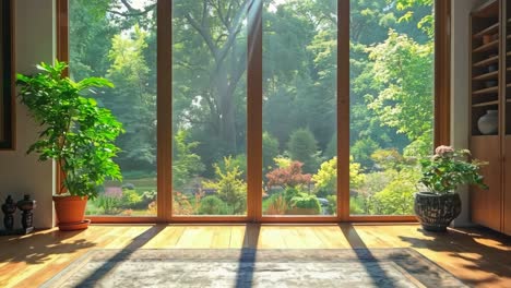 A living room with a large window overlooking a garden