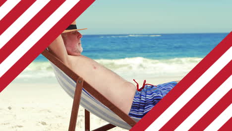 Animation-of-flag-of-usa-over-caucasian-man-on-beach-in-summer