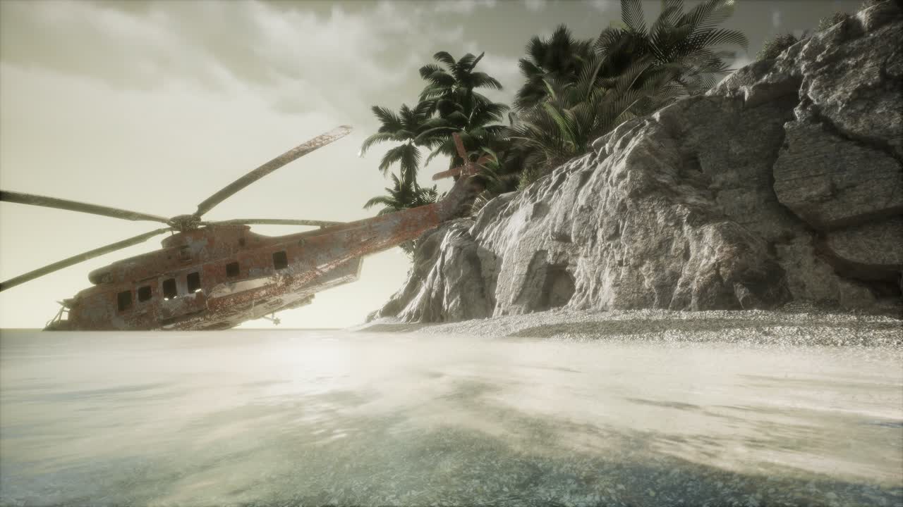 старый ржавый военный вертолет возле острова