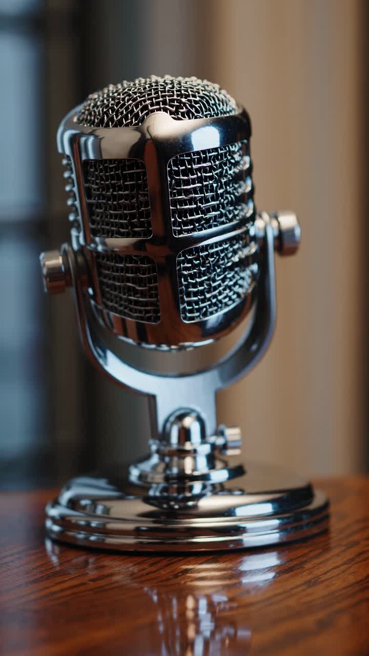 Vintage microphone on a wooden table, captured at a low angle. The retro style evokes classic radio