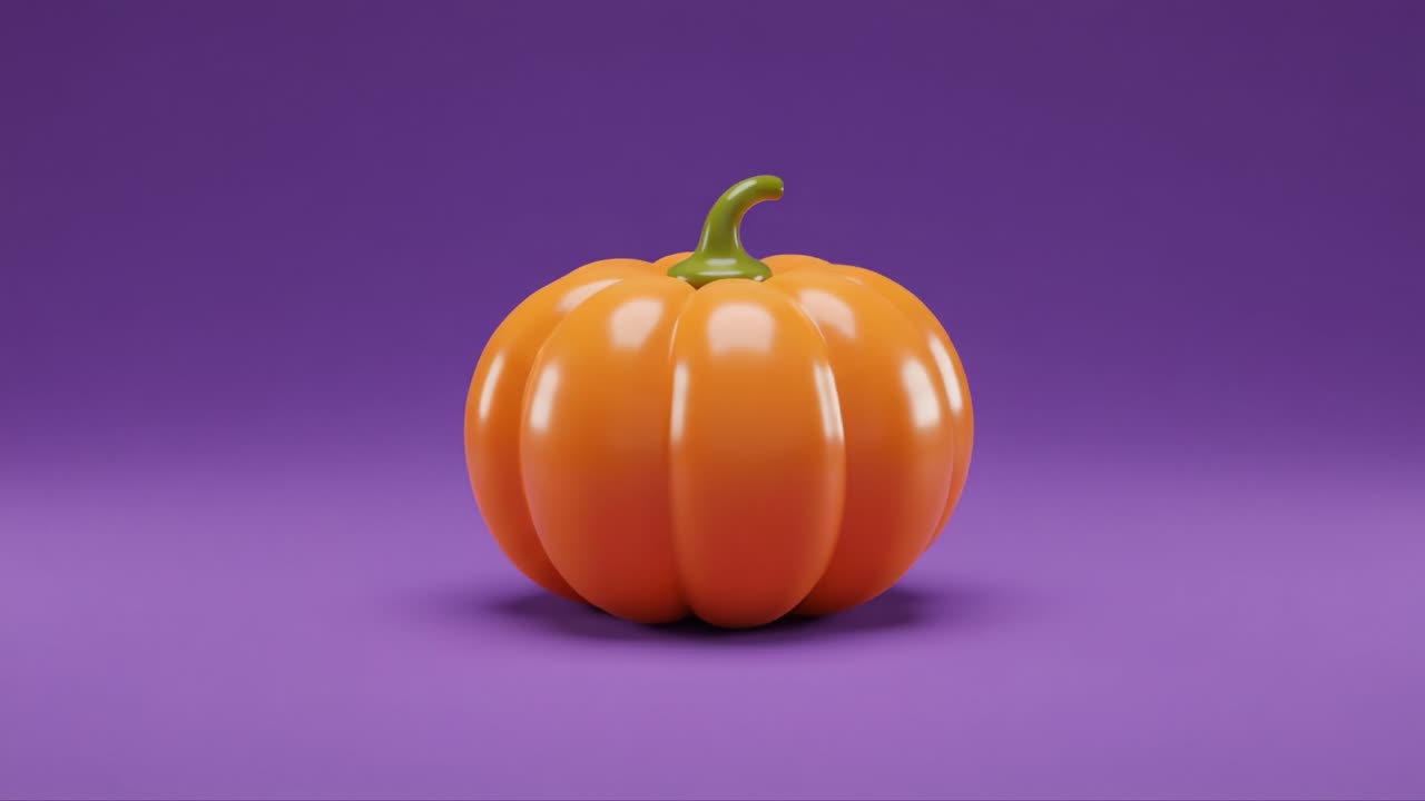 A vibrant and glossy pumpkin sits against a contrasting purple background, showcasing its bright orange color and rounded, ribbed shape, signaling the essence of autumn's harvest