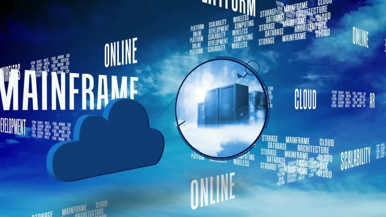 Animation of digital data processing and text with cloud icon over blue background