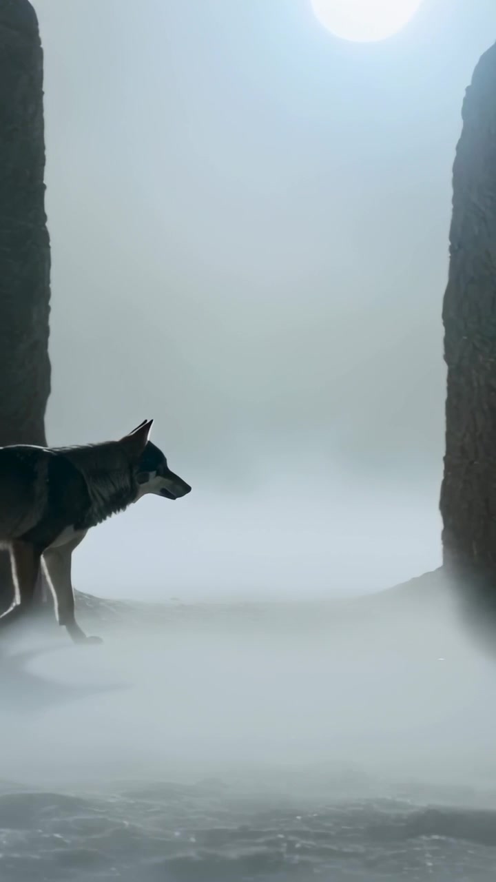 Lodret video: Gående ulvelignende hund kommer ind fra venstre over en tåget slette forbi høje sten, plads til tekst