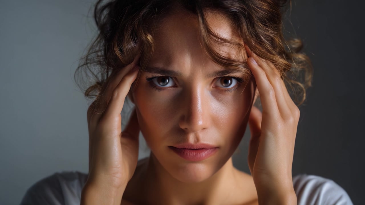 Una donna sopraffatta dalle emozioni, che esprime intensi sentimenti di stress e ansia in un momento contemplativo, evidenziando le profondità della vulnerabilità umana.