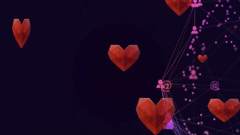 Animation-of-hearts-falling-on-black-background-with-icons-and-connections