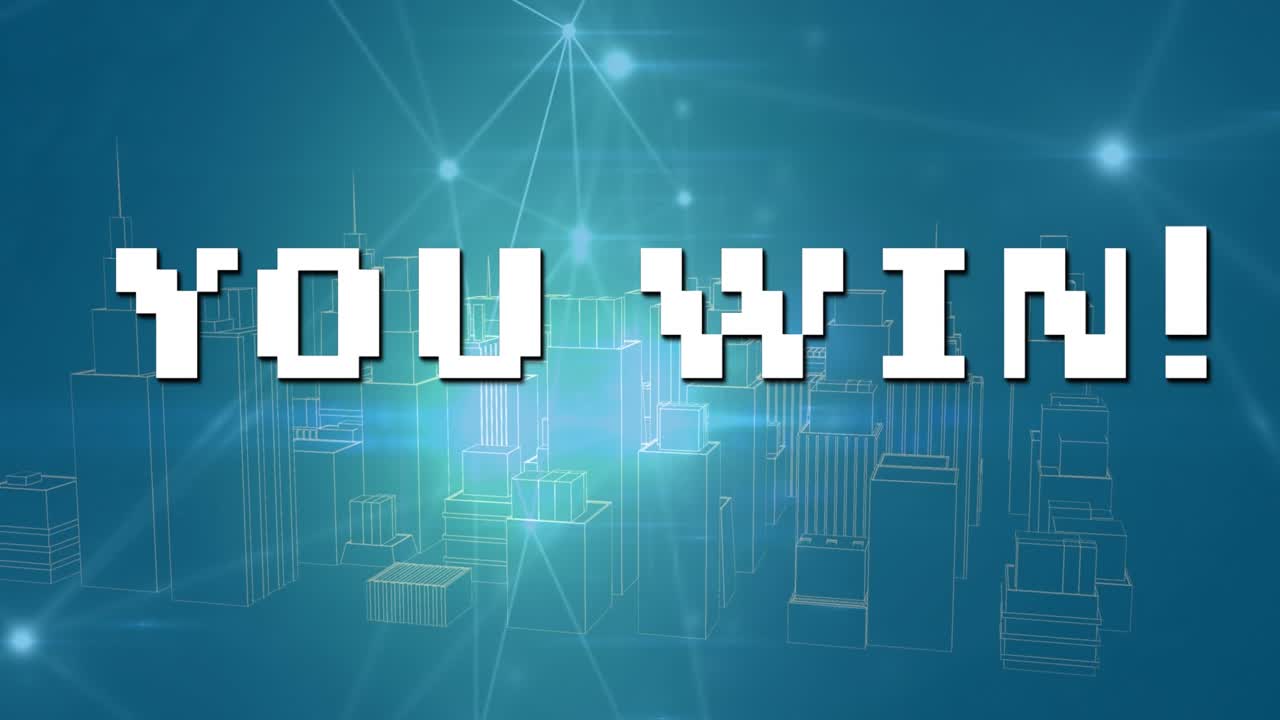 Animation of you win over metaverse city and green background