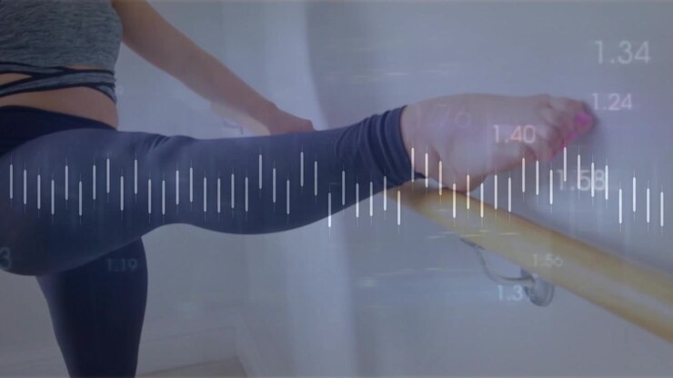 Dancer shifting weight lifting foot to barre stretching as waveform and orange graph showing data