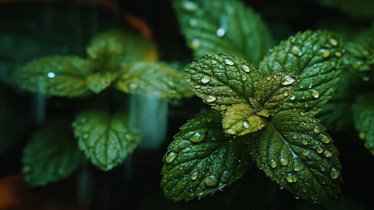 Close-Up of Fresh Mint Leaves Glistening with Water Drops Captured in Beautiful Natural Light, Showcasing Their Vibrant Green Color and Texture
