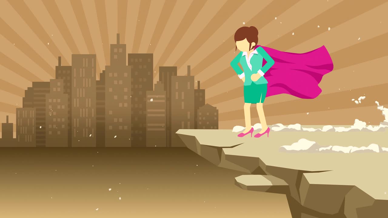 superhéroe mujer de negocios de pie en el acantilado listo para el desafío. símbolo de negocios. desafío y concepto de éxito. animación de bucle cómico.