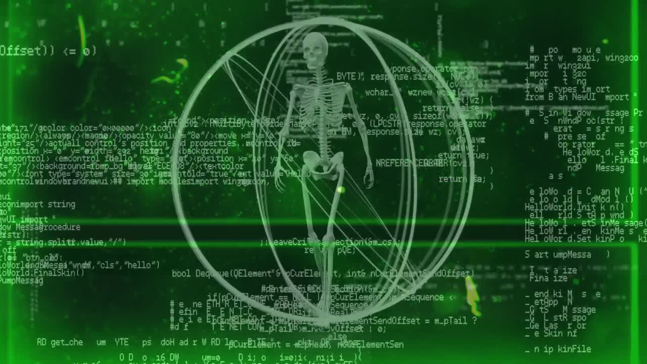 인간 골격과 데이터 처리로 회전하는 녹색 원의 애니메이션