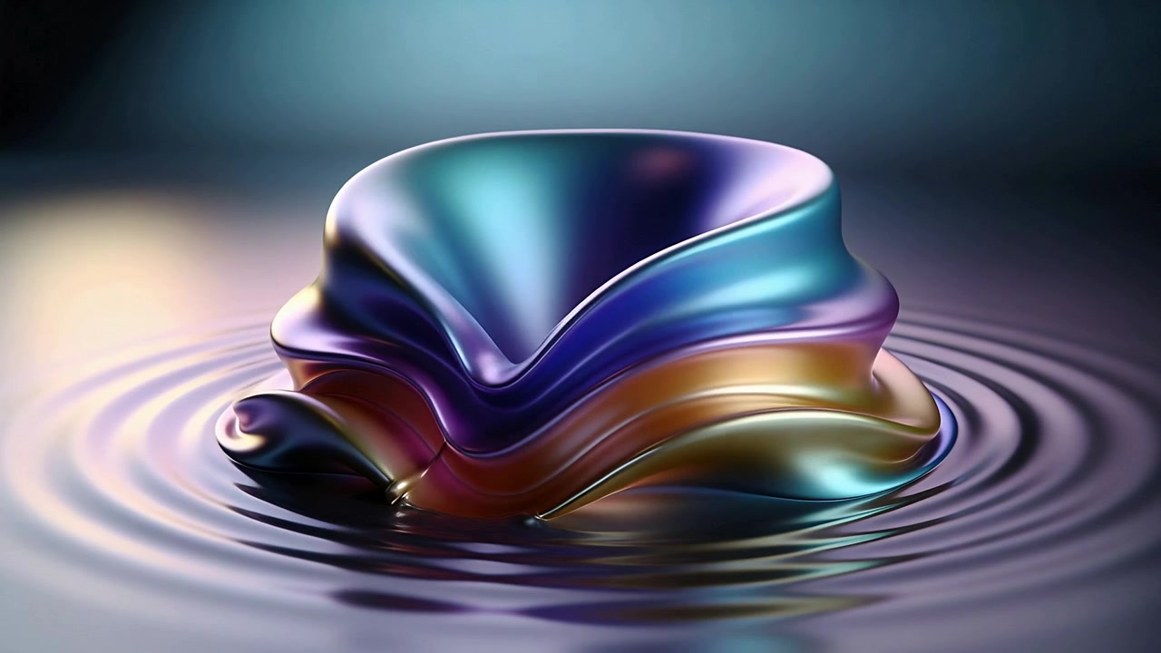 Rotating iridescent metal form folding into ribbons, making ripples in studio pool from light shift