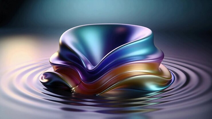 Rotating iridescent metal form folding into ribbons, making ripples in studio pool from light shift