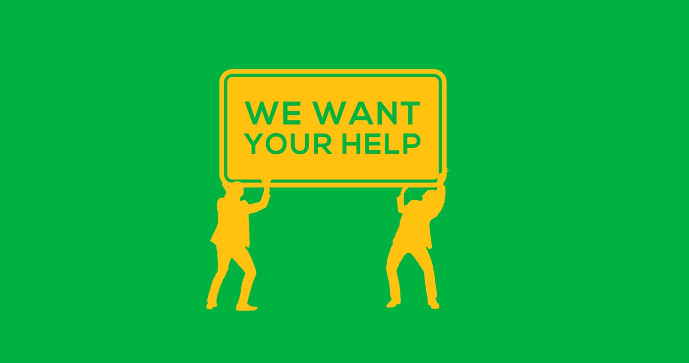 Yellow people icons holding a we want your help text banner against transparent background