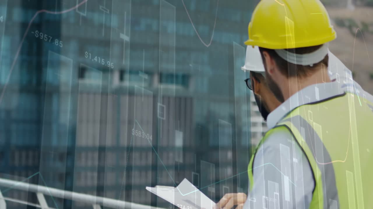 animación del procesamiento de estadísticas sobre arquitectos masculinos hablando en el sitio de construcción
