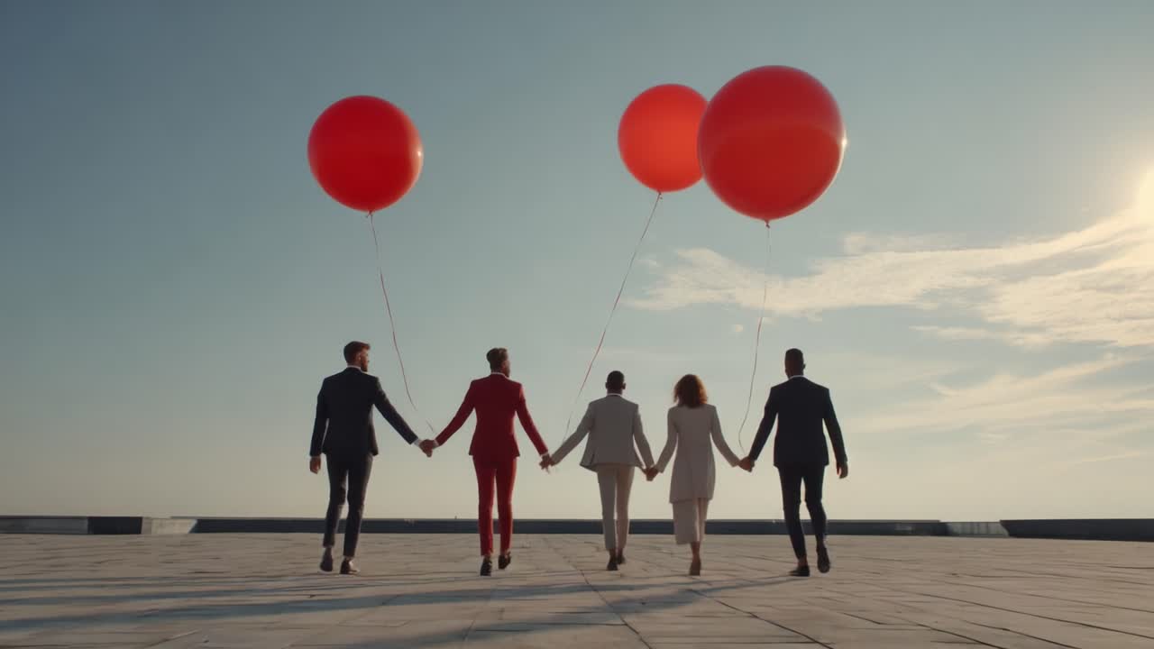 A group of elegantly dressed individuals, united by colorful red balloons, strolls hand-in-hand across a rooftop, embodying friendship, joy, and the beauty of shared moments in the golden sunlight
