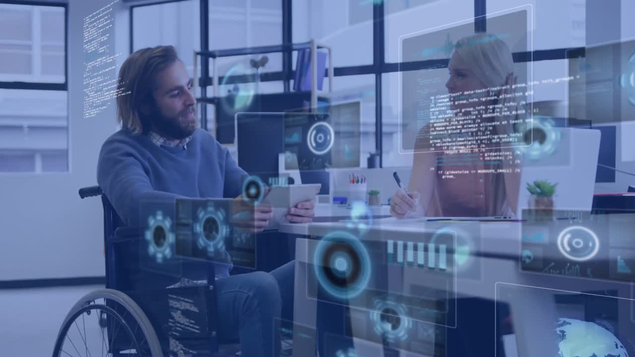 animación de pantallas digitales sobre diversas personas de negocios hablando en la oficina