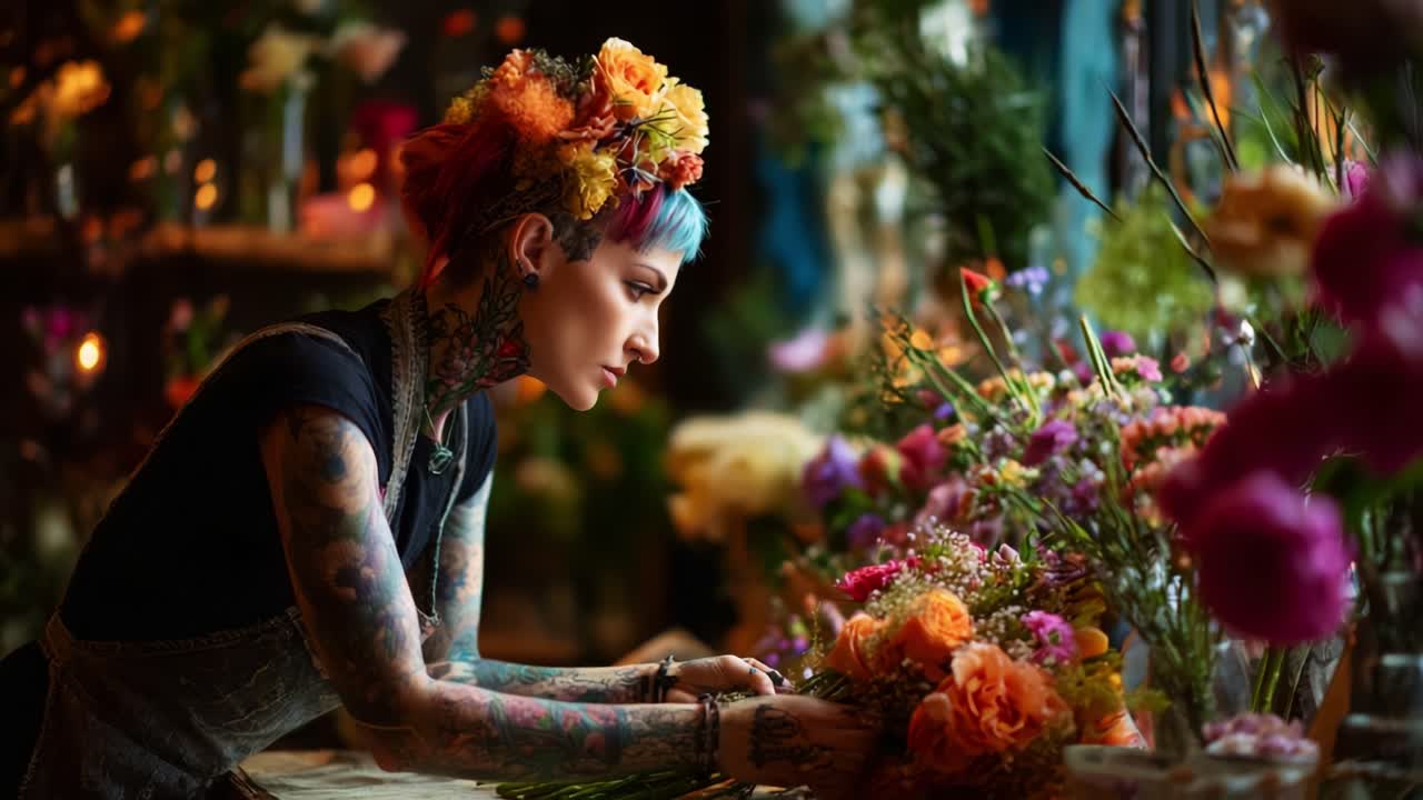 A Stylish Florist Crafting Beautiful Bouquets in a Vibrant Flower Shop, Surrounded by a Colorful Array of Blossoms and Artful Decor Amidst Warm Glow of Ambient Lighting