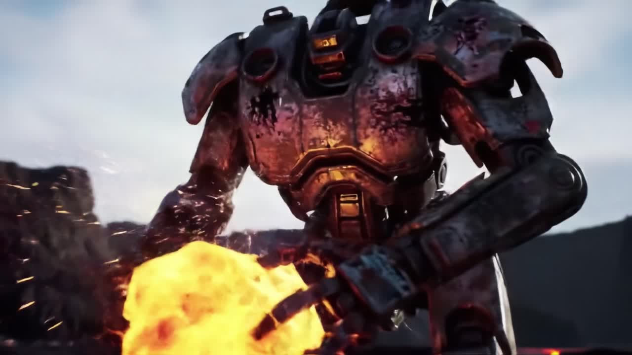 A colossal robot lifts a glowing piece of lava, showcasing impressive mechanical strength. The setting features an active volcano, with dramatic eruptions in the background, enhancing the action.