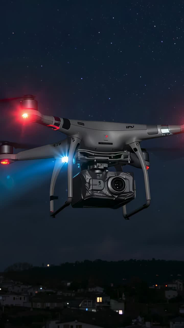 Vertical video: Hovering drone receiving signal, lowering over town at night, filming with gimbal