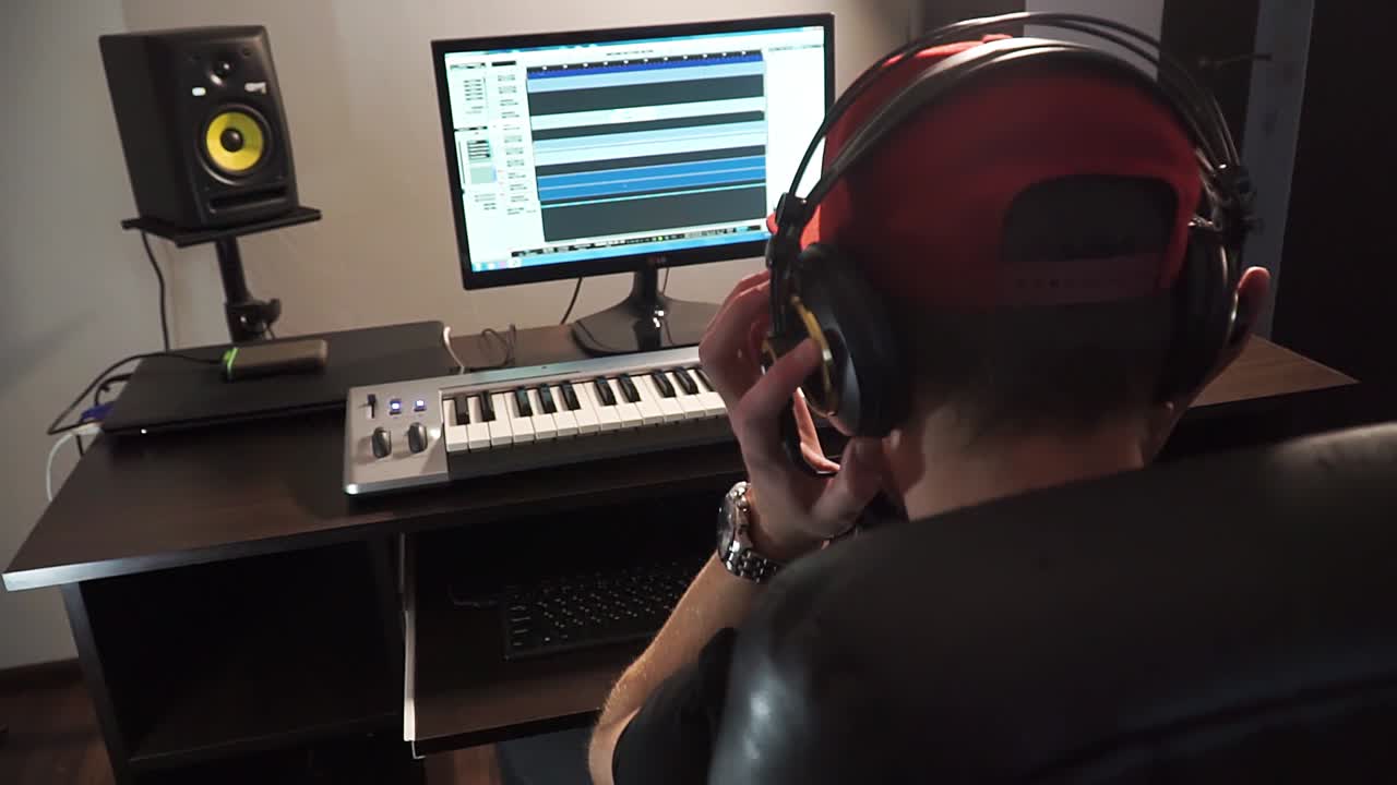 músico disfruta de su música en auriculares