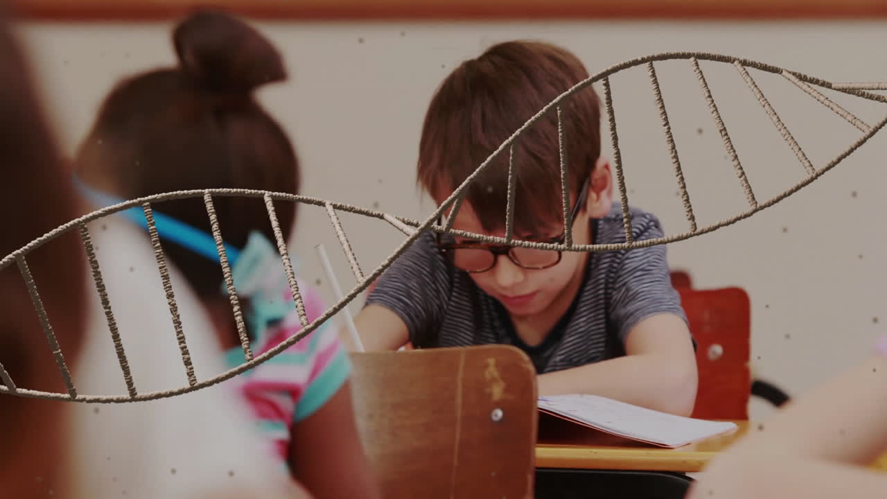 In school, children studying in classroom with DNA strand animation displayed