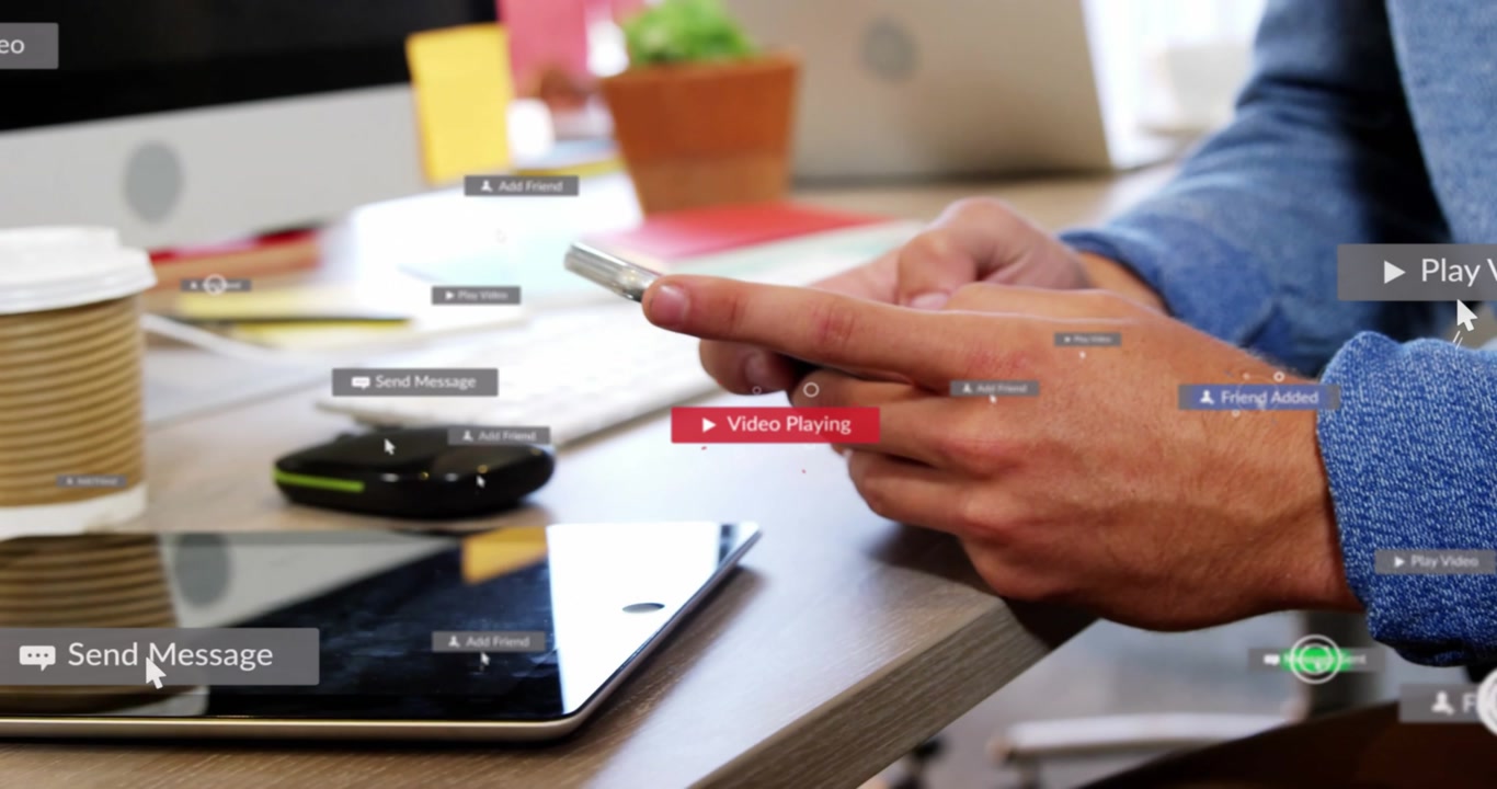 User tapping smartphone Play icon spawning UI tags multiplying around devices showing communication